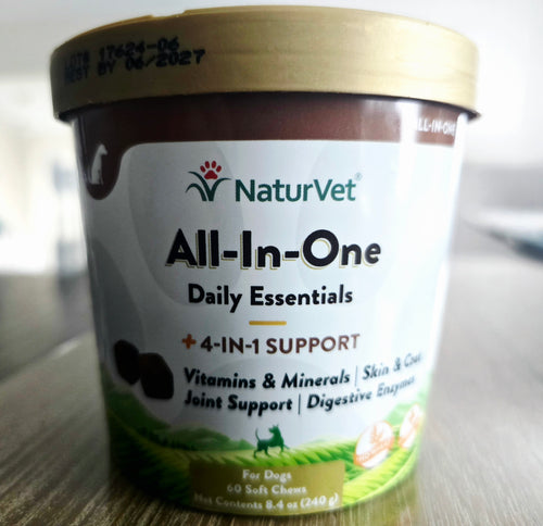 All in one, vitamins, minerals, skin & coat, joint Supplement, digestive enzymes.